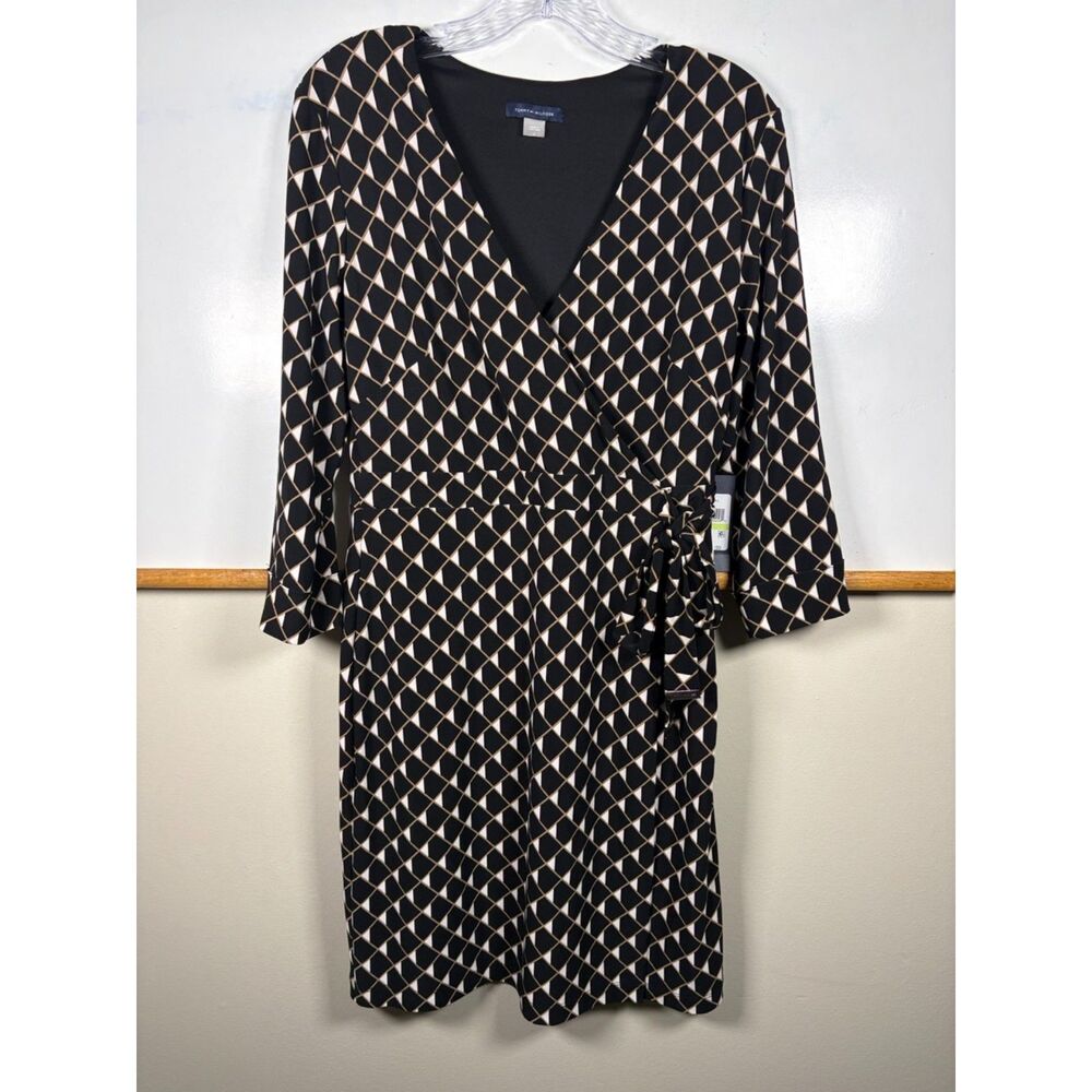 NWT Tommy Hilfiger Geometric Print Faux Wrap Dress, Black/Tan, Size 4